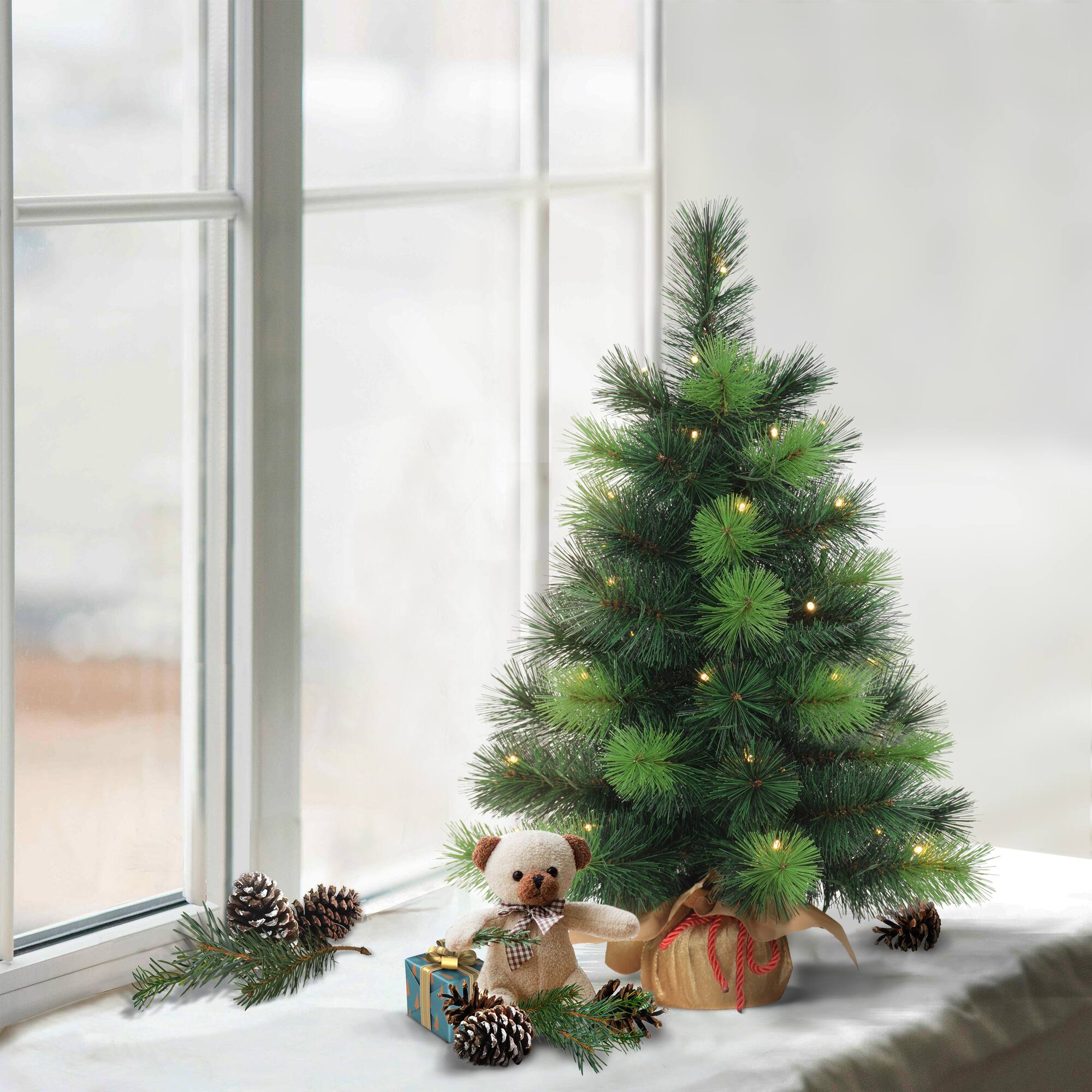 6 Pack: 2ft. Pre-Lit Artificial Christmas Tree in Gold Fabric Base, Warm White LED Lights
